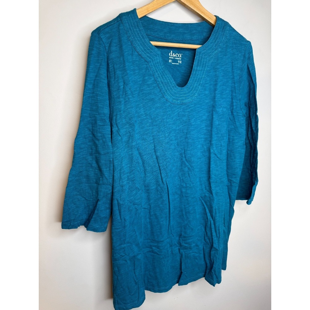 Denim & Co. Regular Slub Jersey 3/4 Sleeve U-Neck Tunic Rich Teal Large #49E - Picture 4 of 5